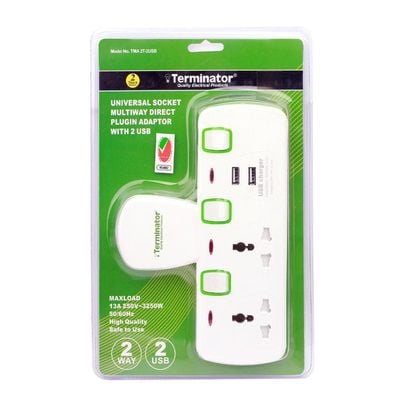 Terminator 2 Way Universal T Socket With 2USB, 2.1Ah Individual Switch And Indicator