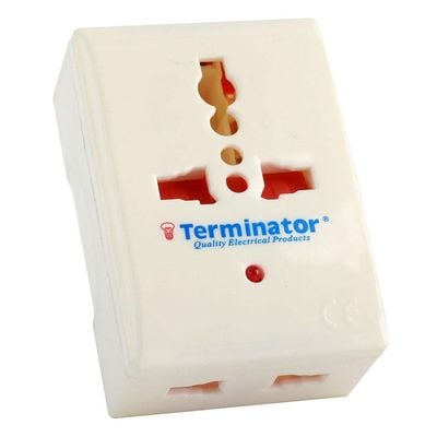 Terminator 3 Way Multi Adaptor One Universal & 2 x2 round  pin sockets  with Schuko Plug