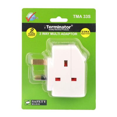 Terminator 3 Way UK Socket Multi Adaptor With Individual Switches & 2Pin Plug, Insertion Feature PC Material, 13A Fuse