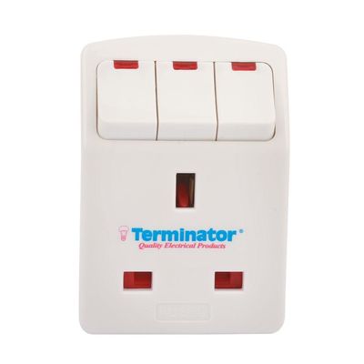 Terminator 3 Way UK Socket Multi Adaptor With Individual Switches & 2Pin Plug, Insertion Feature PC Material, 13A Fuse