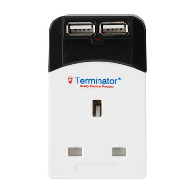 Terminator 3 Way UK Socket Multi Adaptor With 2000mA 2USB Sockets 3 Pin Flat Plug 13A