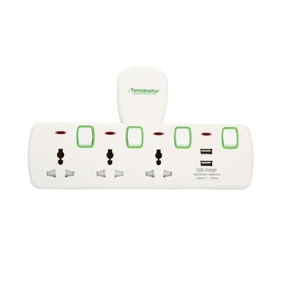 Terminator 3 Way Universal T-Socket Multi Adaptor With 2 USB 2.1A Individual Switches & Indicators 13A
