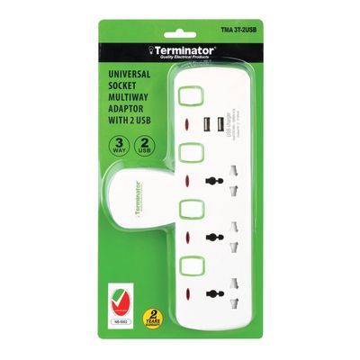Terminator 3 Way Universal T-Socket Multi Adaptor With 2 USB 2.1A Individual Switches & Indicators 13A