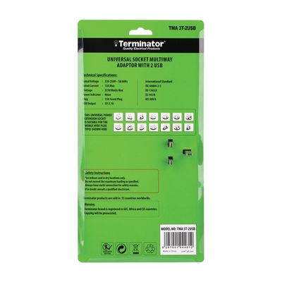 Terminator 3 Way Universal T-Socket Multi Adaptor With 2 USB 2.1A Individual Switches & Indicators 13A