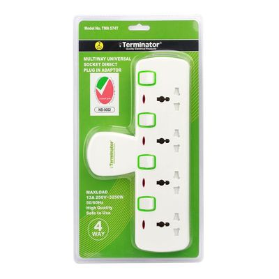 Terminator 4 Way Universal T-Socket Multi Adaptor With Individual Switches & Indicators 13A