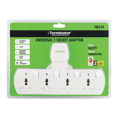 Terminator 4 Way Univ T Socket With Safety Shutters,Switches,Indicators & Auto Reset Thermal Fues Max 10A 250V.