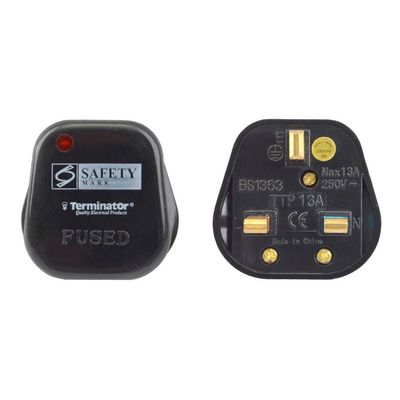 Terminator 13A UK Top Plug with Fuse and Indicator (Black) Blister Packed