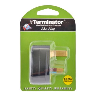 Terminator 13A UK Top Plug with Fuse and Indicator (Black) Blister Packed