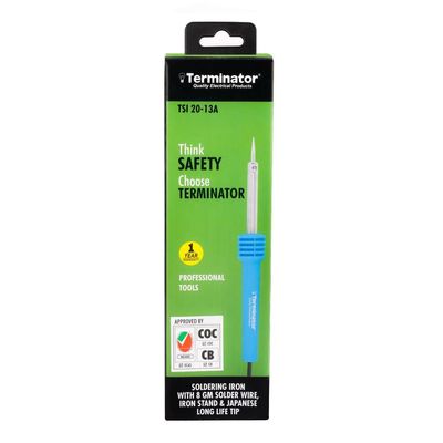 Terminator Soldering Iron 20W with 13A plug, 8 Gm Solder Wire, Metal Stand and long life Tip.