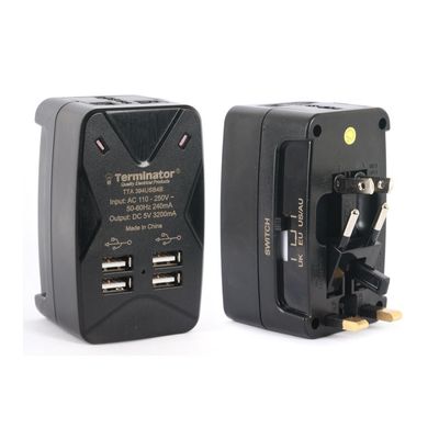 Terminator Travel Adaptor Multi Plugs With One Universal Socket & 4 USB Charging Sockets Of 5V3.2A (Black)