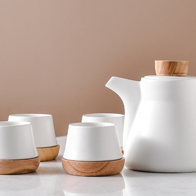 White Ceramic Tea Pot Set with Wooden Coasters