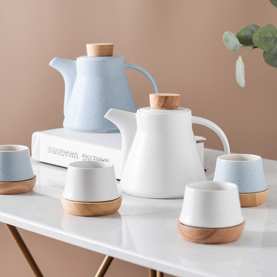 White Ceramic Tea Pot Set with Wooden Coasters