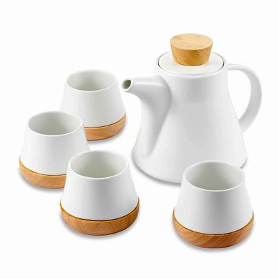 White Ceramic Tea Pot Set with Wooden Coasters