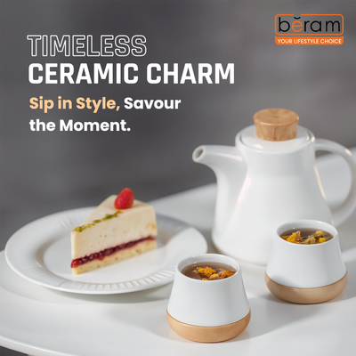 White Ceramic Tea Pot Set with Wooden Coasters