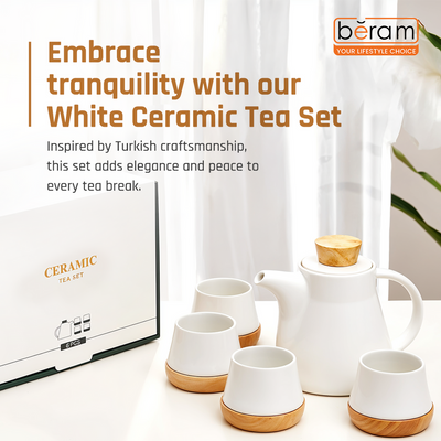 White Ceramic Tea Pot Set with Wooden Coasters