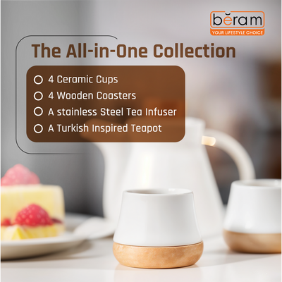 White Ceramic Tea Pot Set with Wooden Coasters