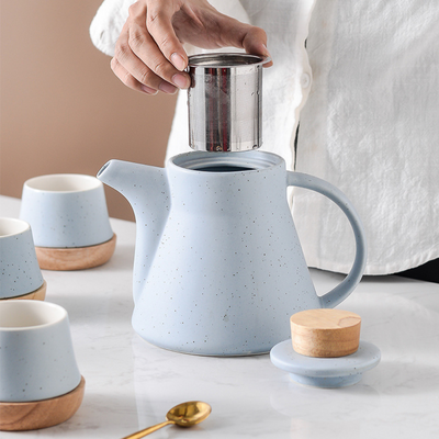 Blue Ceramic Tea Pot Set with Wooden Coasters