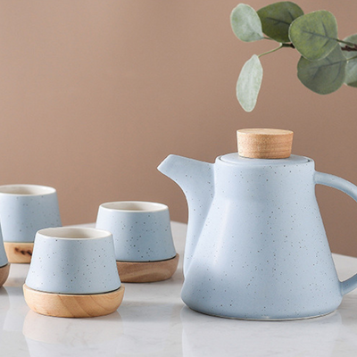 Blue Ceramic Tea Pot Set with Wooden Coasters