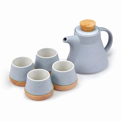 Blue Ceramic Tea Pot Set with Wooden Coasters