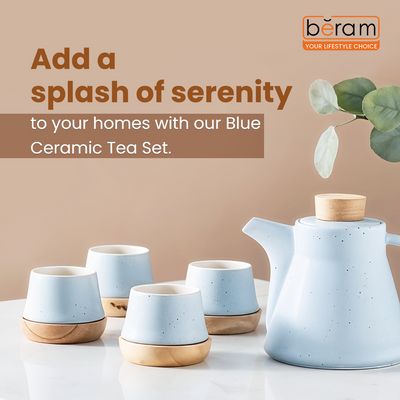 Blue Ceramic Tea Pot Set with Wooden Coasters