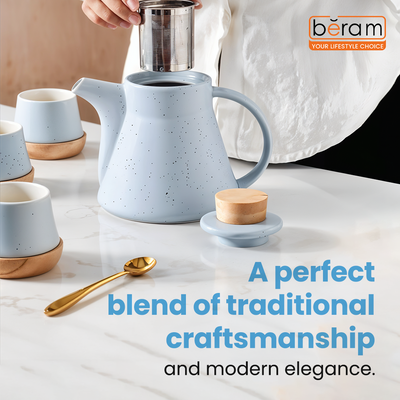 Blue Ceramic Tea Pot Set with Wooden Coasters