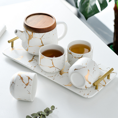 White & Gold Ceramic Tea Pot Set