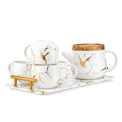 White & Gold Ceramic Tea Pot Set