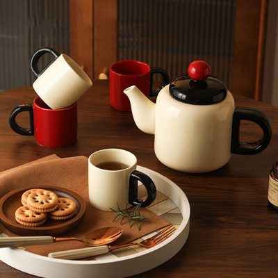 White and Red Japanese Ceramic Tea Pot Set