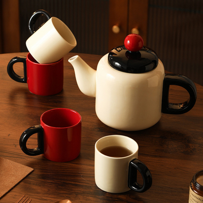 White and Red Japanese Ceramic Tea Pot Set