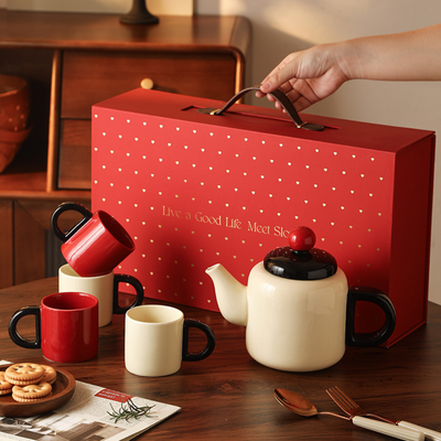 White and Red Japanese Ceramic Tea Pot Set