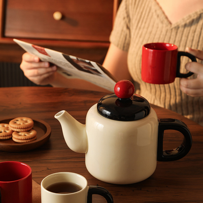 White and Red Japanese Ceramic Tea Pot Set