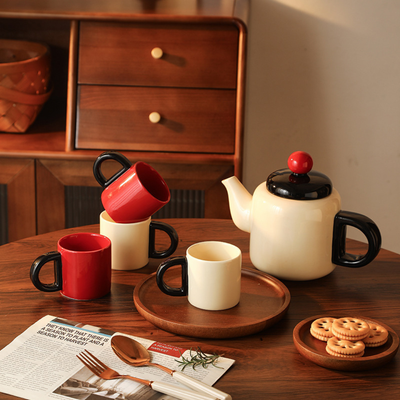 White and Red Japanese Ceramic Tea Pot Set