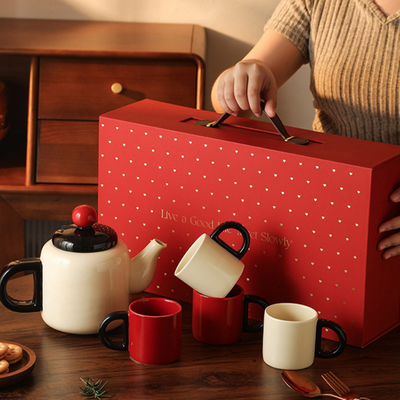 White and Red Japanese Ceramic Tea Pot Set