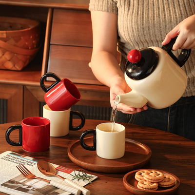 White and Red Japanese Ceramic Tea Pot Set