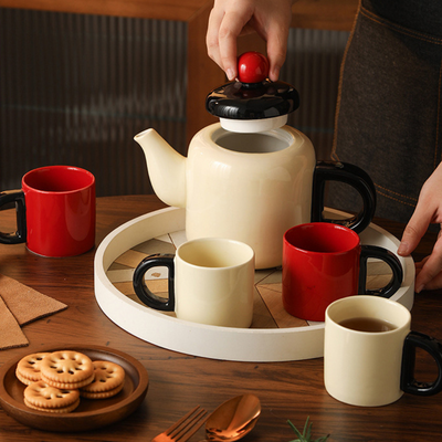 White and Red Japanese Ceramic Tea Pot Set