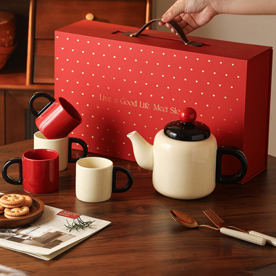 White and Red Japanese Ceramic Tea Pot Set