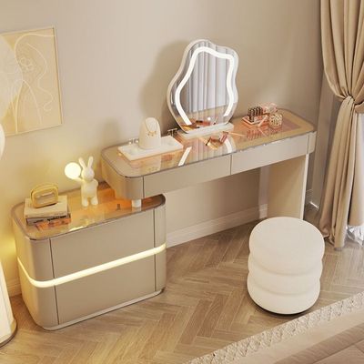 Vanity Table - Elegant Beauty Dressing Table Glass Top 120cm Beige