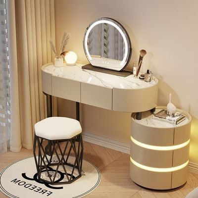 Vanity Table - Cool Beauty Dressing Table With Stool- Rounded Cabinet 120cm Beige