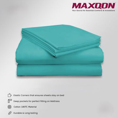 MAXQON Cotton Tc180 Fitted Bed Sheets + 2 Pillow Covers, Double (120x200+20CM), Color Aqua