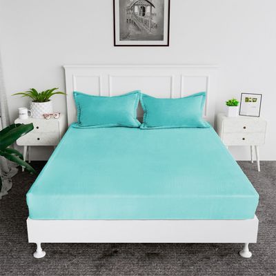 MAXQON Cotton Tc180 Fitted Bed Sheets + 2 Pillow Covers, Double (120x200+20CM), Color Aqua