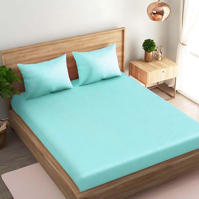 MAXQON Cotton Tc180 Fitted Bed Sheets + 2 Pillow Covers, Super king (200x200+25CM), Color Aqua