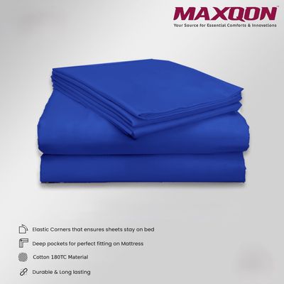 MAXQON Cotton Tc180 Fitted Bed Sheets + 2 Pillow Covers, Double (120x200+20CM), Color Blue