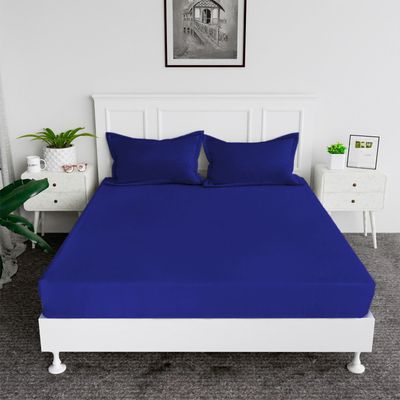 MAXQON Cotton Tc180 Fitted Bed Sheets + 2 Pillow Covers, Double (120x200+20CM), Color Blue