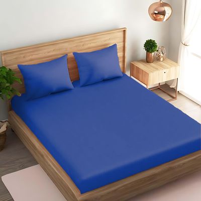 MAXQON Cotton Tc180 Fitted Bed Sheets + 2 Pillow Covers, Double (120x200+20CM), Color Blue