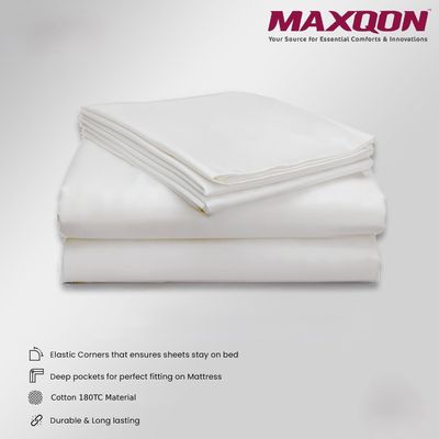 MAXQON Cotton Tc180 Fitted Bed Sheets + 2 Pillow Covers, Double (120x200+20CM), Color White