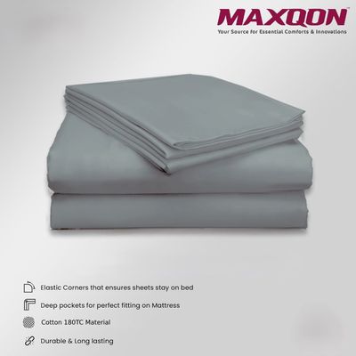 MAXQON Cotton Tc180 Fitted Bed Sheets + 2 Pillow Covers, Double (120x200+20CM), Color Grey