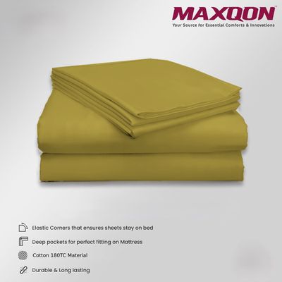 MAXQON Cotton Tc180 Fitted Bed Sheets + 2 Pillow Covers, King (180x200+25CM), Color Gold