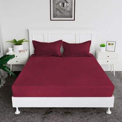 MAXQON Cotton Tc180 Fitted Bed Sheets + 2 Pillow Covers, Super king (200x200+25CM), Color Maroon