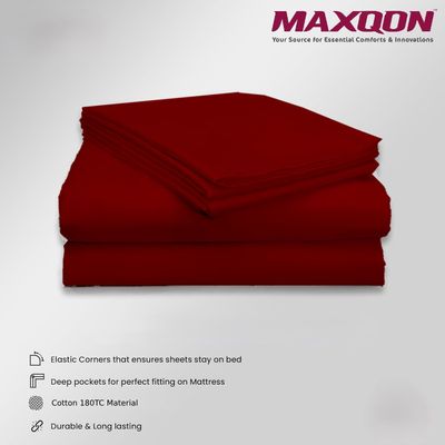 MAXQON Cotton Tc180 Fitted Bed Sheets + 2 Pillow Covers, Super king (200x200+25CM), Color Maroon