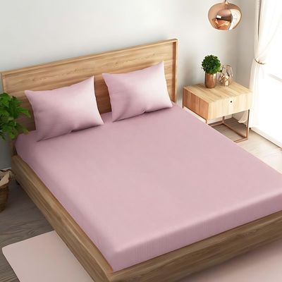 MAXQON Cotton Tc180 Fitted Bed Sheets + 2 Pillow Covers, Double (120x200+20CM), Color Pink